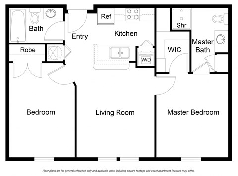 Floor plan for 2 beds, 2 baths, 824 sqft
